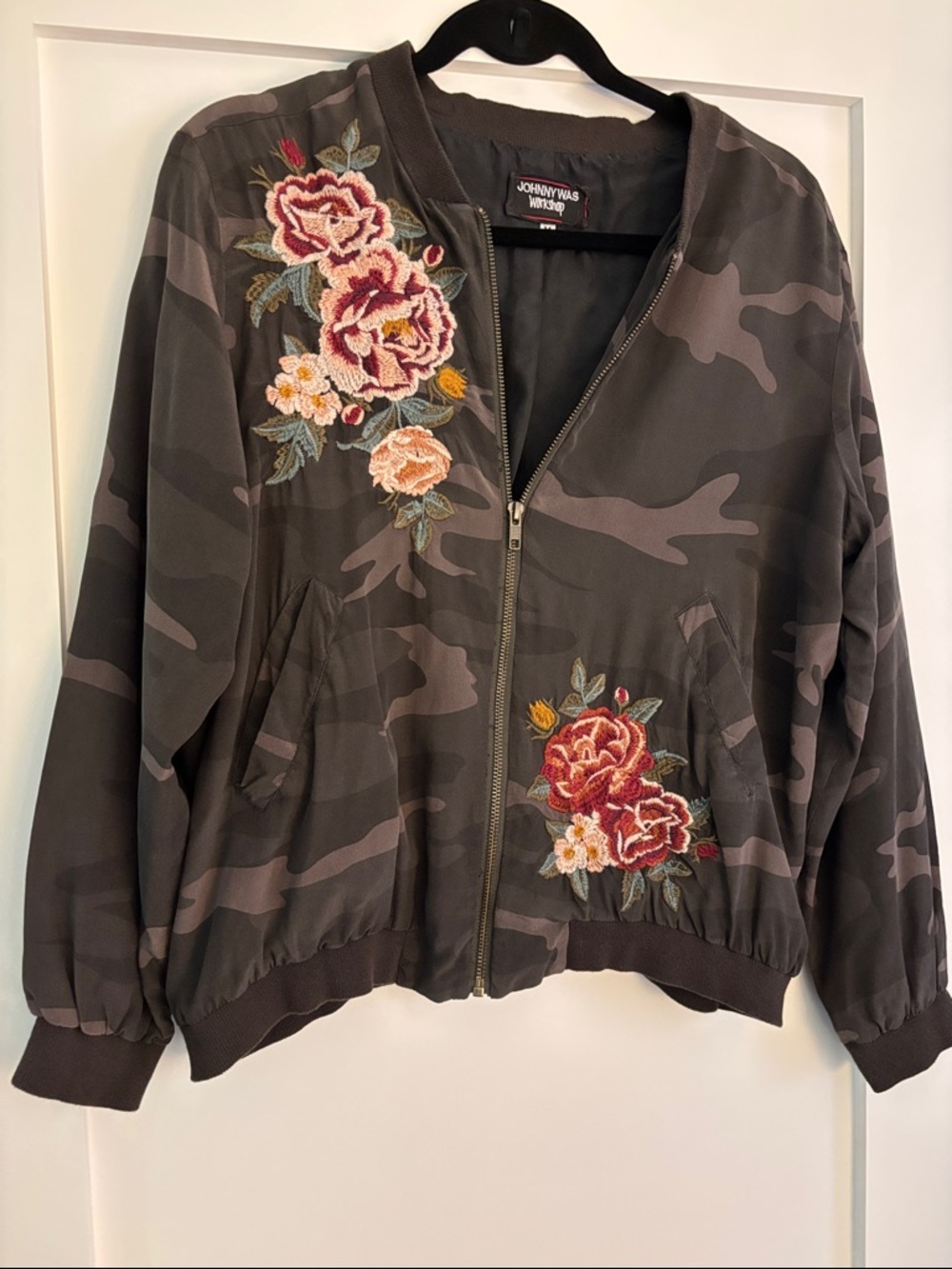 Johnny Was Olive Camo Bomber Jacket with Rose Embroidery